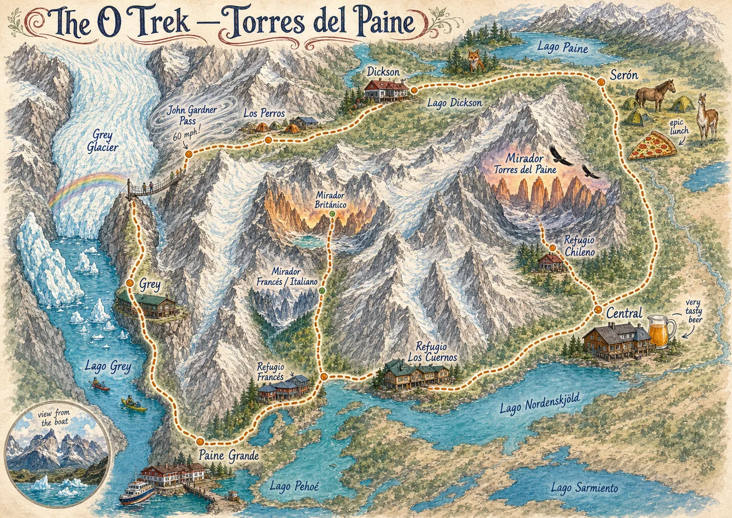 A whimsical hand-illustrated trail map of the O Trek loop in Torres del Paine National Park, showing the dashed counter-clockwise route around the Paine Massif with all named campsites, viewpoints, and wildlife.