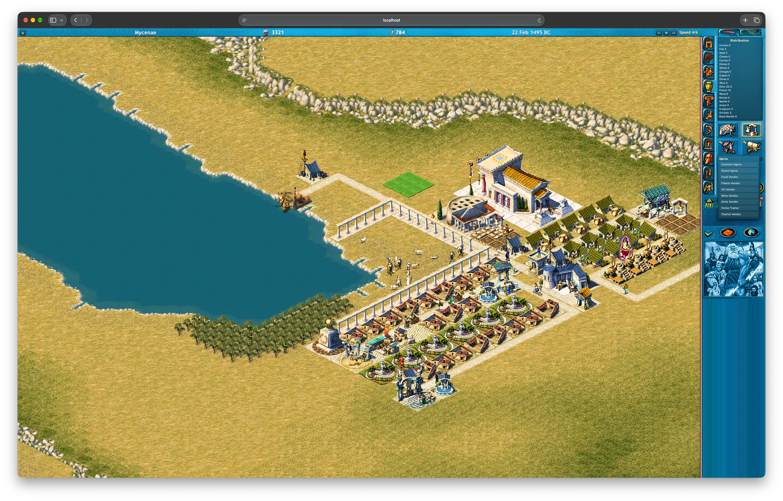 The city with the build menu open on the right: a Distribution panel listing goods, and an Agoras submenu with Common Agora, Grand Agora, Food Vendor, Fleece Vendor, Oil Vendor, Wine Vendor, Arms Vendor, Horse Trainer and Chariot Vendor. A green placement preview sits on the grass near the palace.