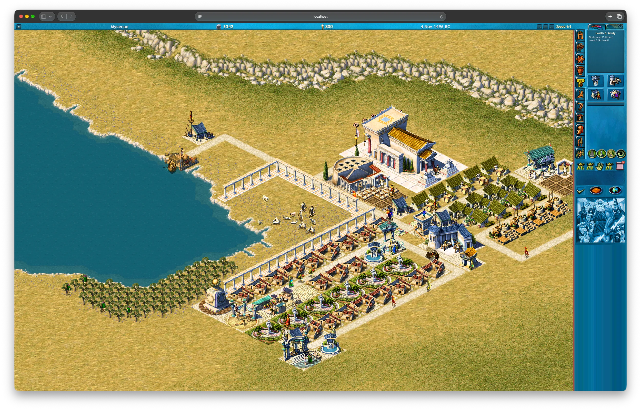 Zeus: Master of Olympus running in a Safari tab at localhost: an isometric Greek city called Mycenae on a coast, with a palace, colonnaded roads, rows of houses with fountains, olive groves, a sanctuary under construction, a fishing wharf, and the original game's HUD down the right side.