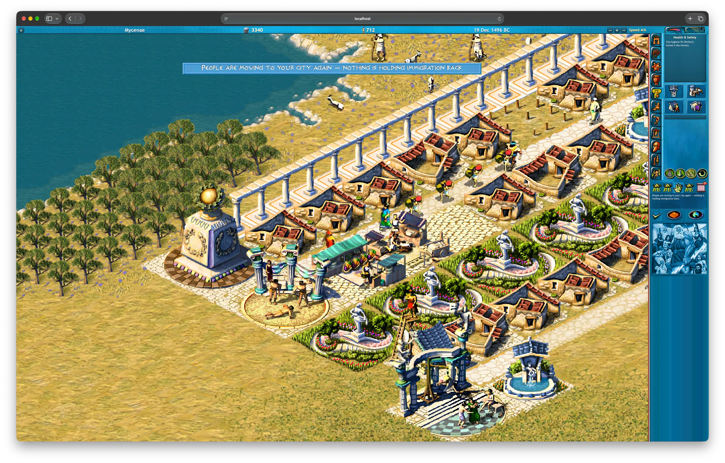The same city zoomed in close: a row of houses along a colonnade, a food vendor's stall, statues in small gardens, a gymnasium, and a banner across the top reading that people are moving to your city again.